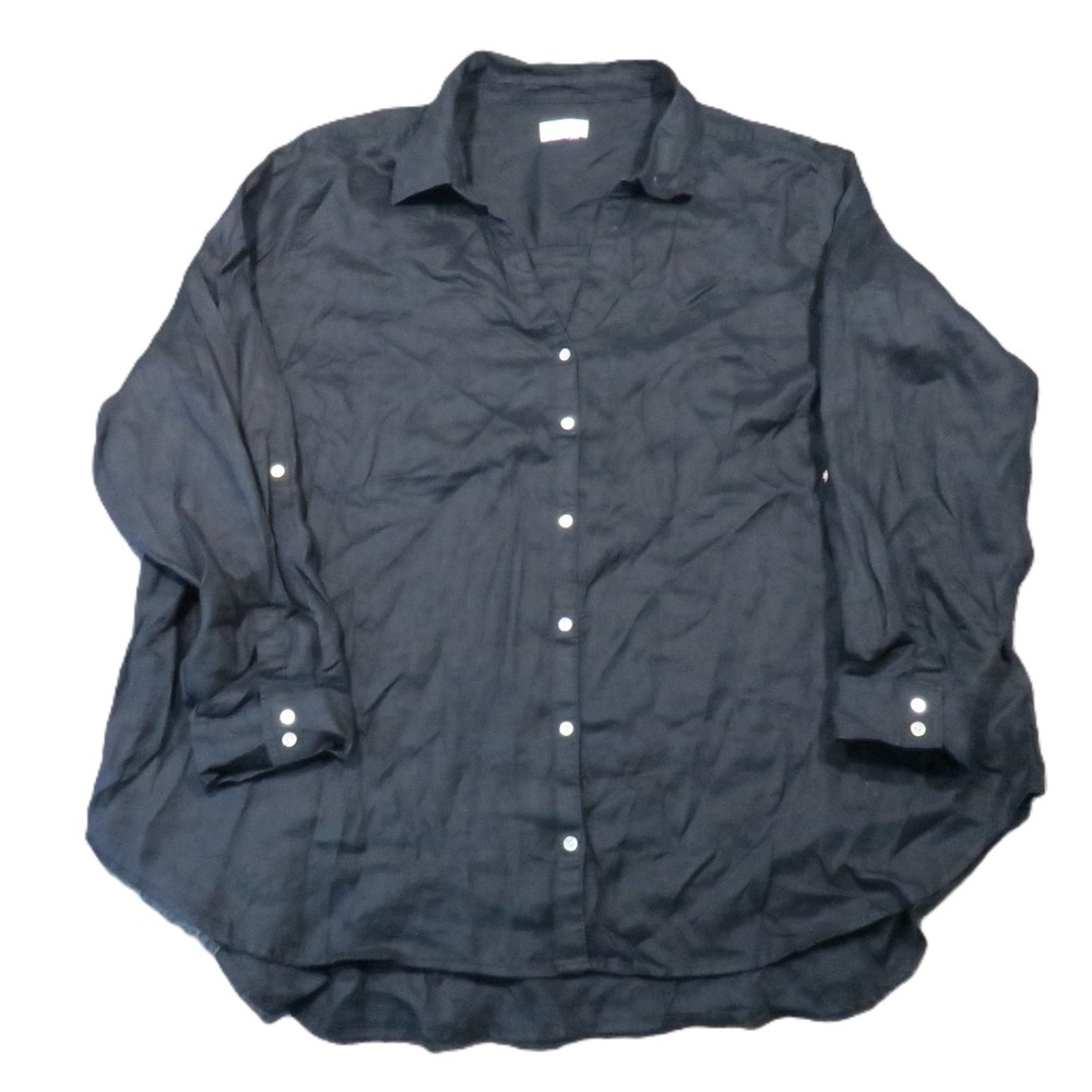 Sigrid Olsen Linen Shirt 2X Black Roll Tab Long Sleeve Relaxed Minimalist Luxury